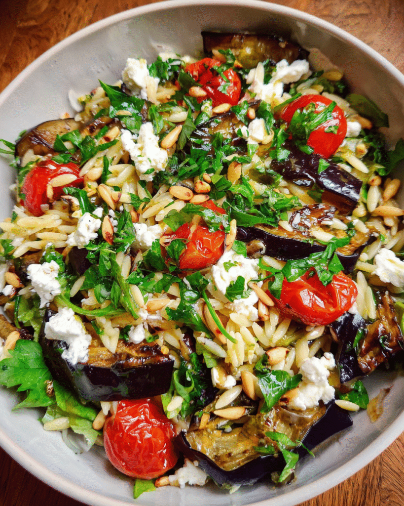 Aubergine salad with roasted eggplant and orzo