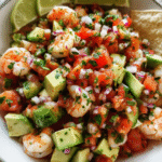 Avocado Salsa Shrimp Salad in ceramic bowl