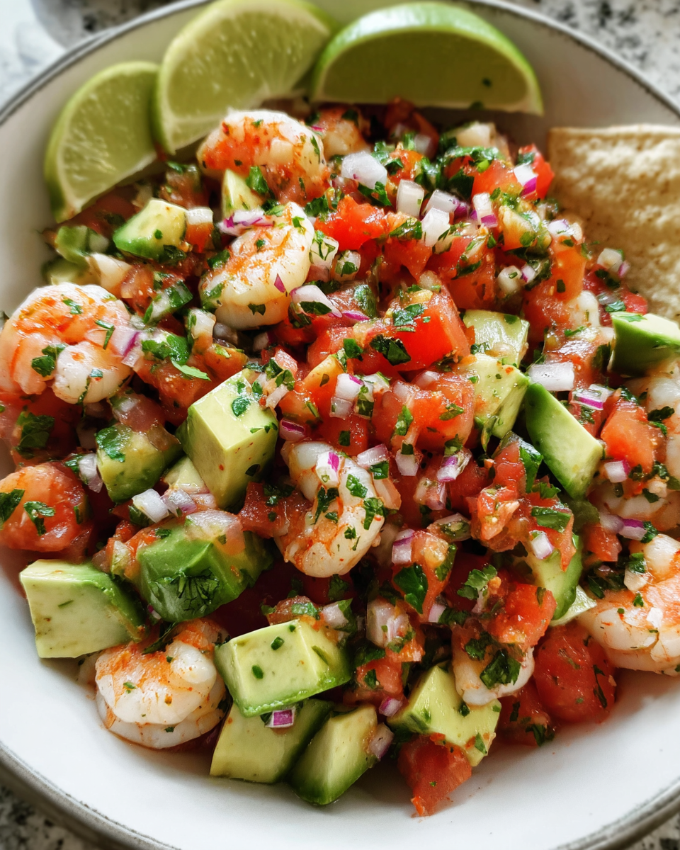 Avocado Salsa Shrimp Salad in ceramic bowl