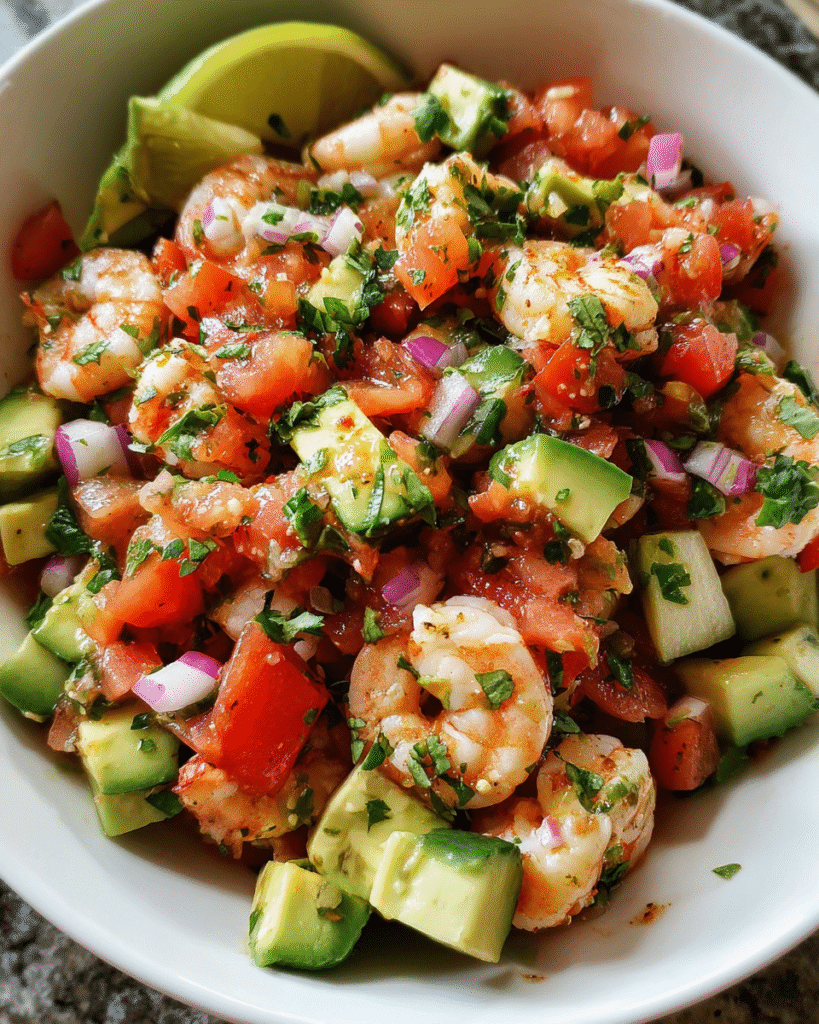 Avocado Salsa Shrimp Salad in ceramic bowl
