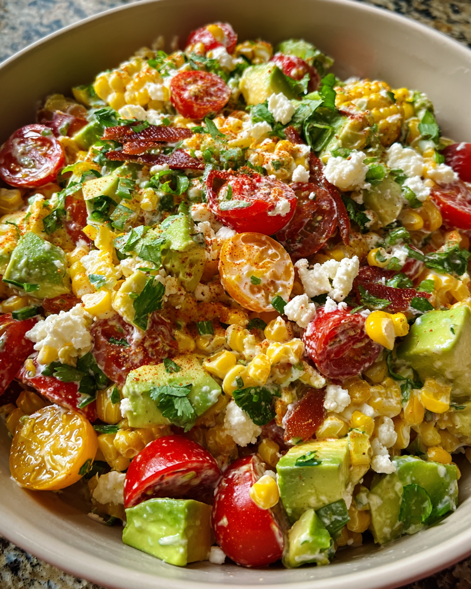 Bacon corn salad with creamy chipotle dressing in a summer bowl