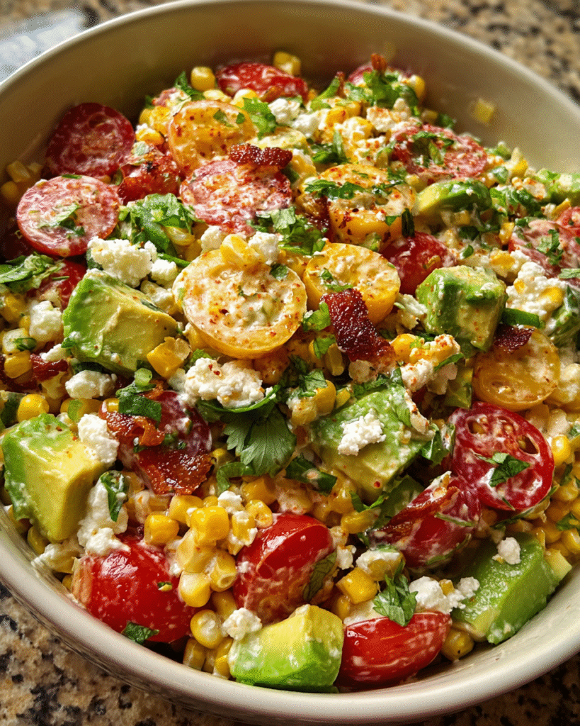Bacon corn salad with creamy chipotle dressing in a summer bowl