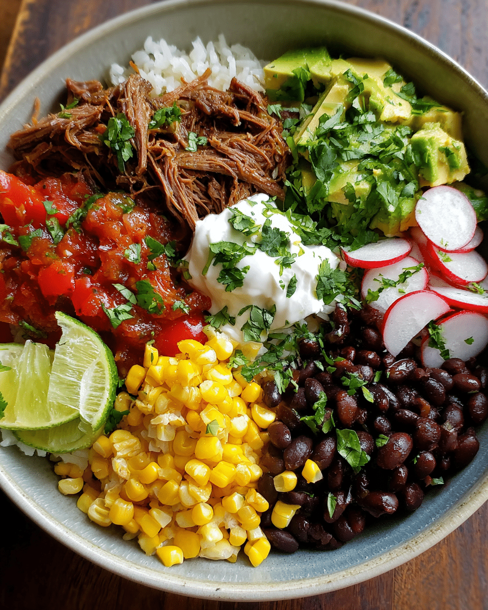 Barbacoa Burrito Bowl with toppings