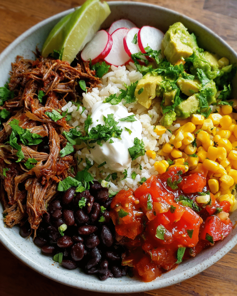 Barbacoa Burrito Bowl with toppings