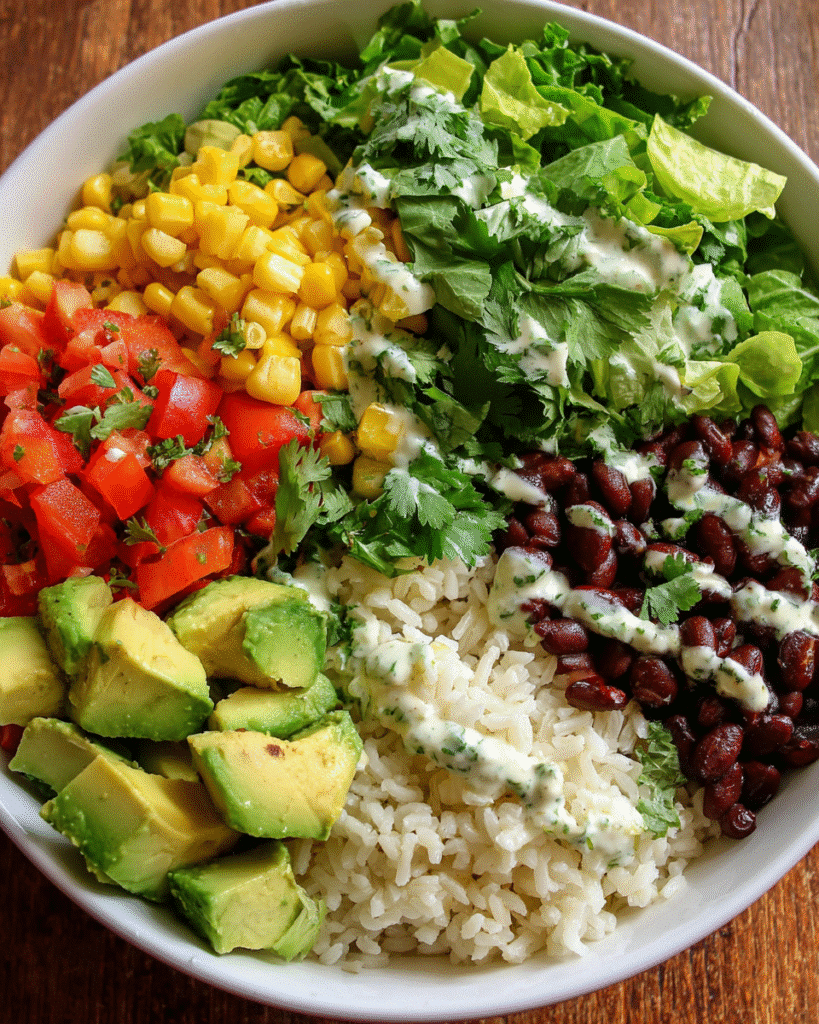 Burrito Bowl with fresh toppings and cilantro ranch