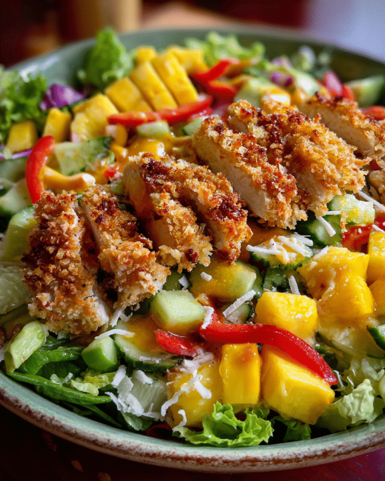 Cashew Chicken Salad in ceramic bowl with tropical ingredients