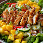 Cashew Chicken Salad in ceramic bowl with tropical ingredients
