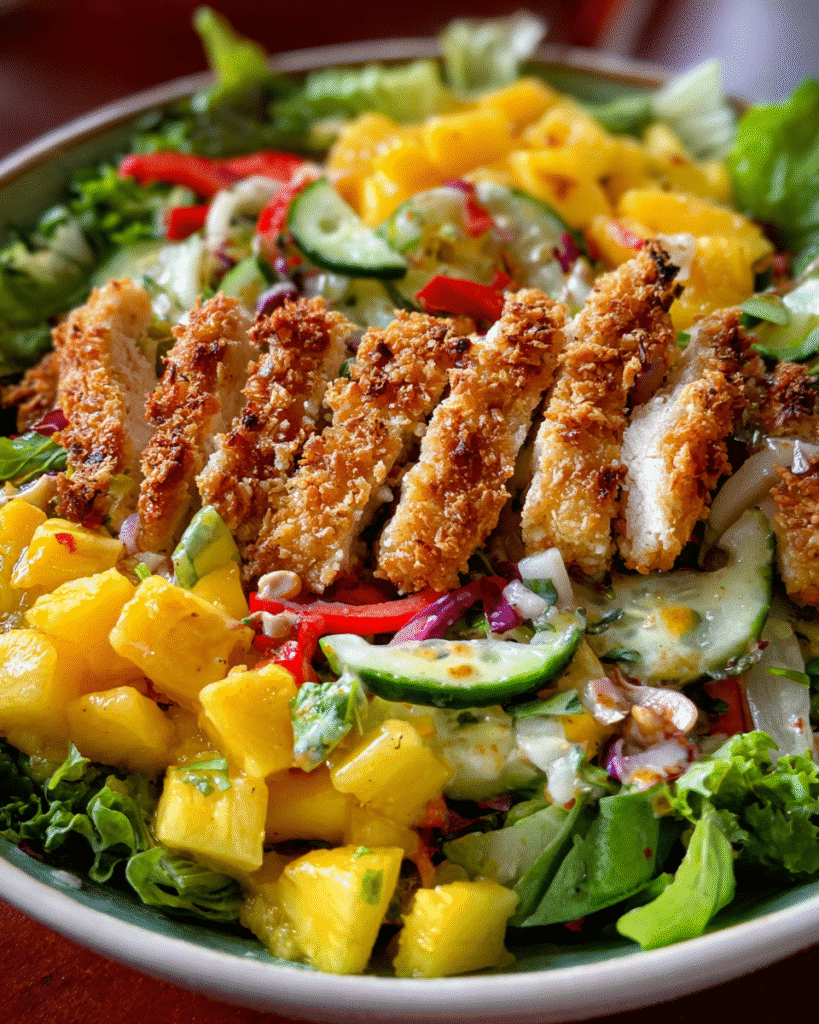 Cashew Chicken Salad in ceramic bowl with tropical ingredients
