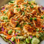 Chicken satay crispy rice salad bowl with fresh toppings