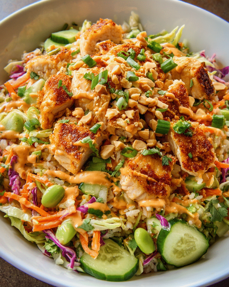 Chicken satay crispy rice salad bowl with fresh toppings