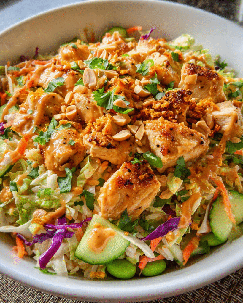 Chicken satay crispy rice salad bowl with fresh toppings