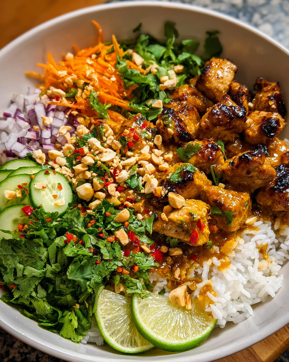 Chicken Satay Spring Roll Bowl with skewers and veggies