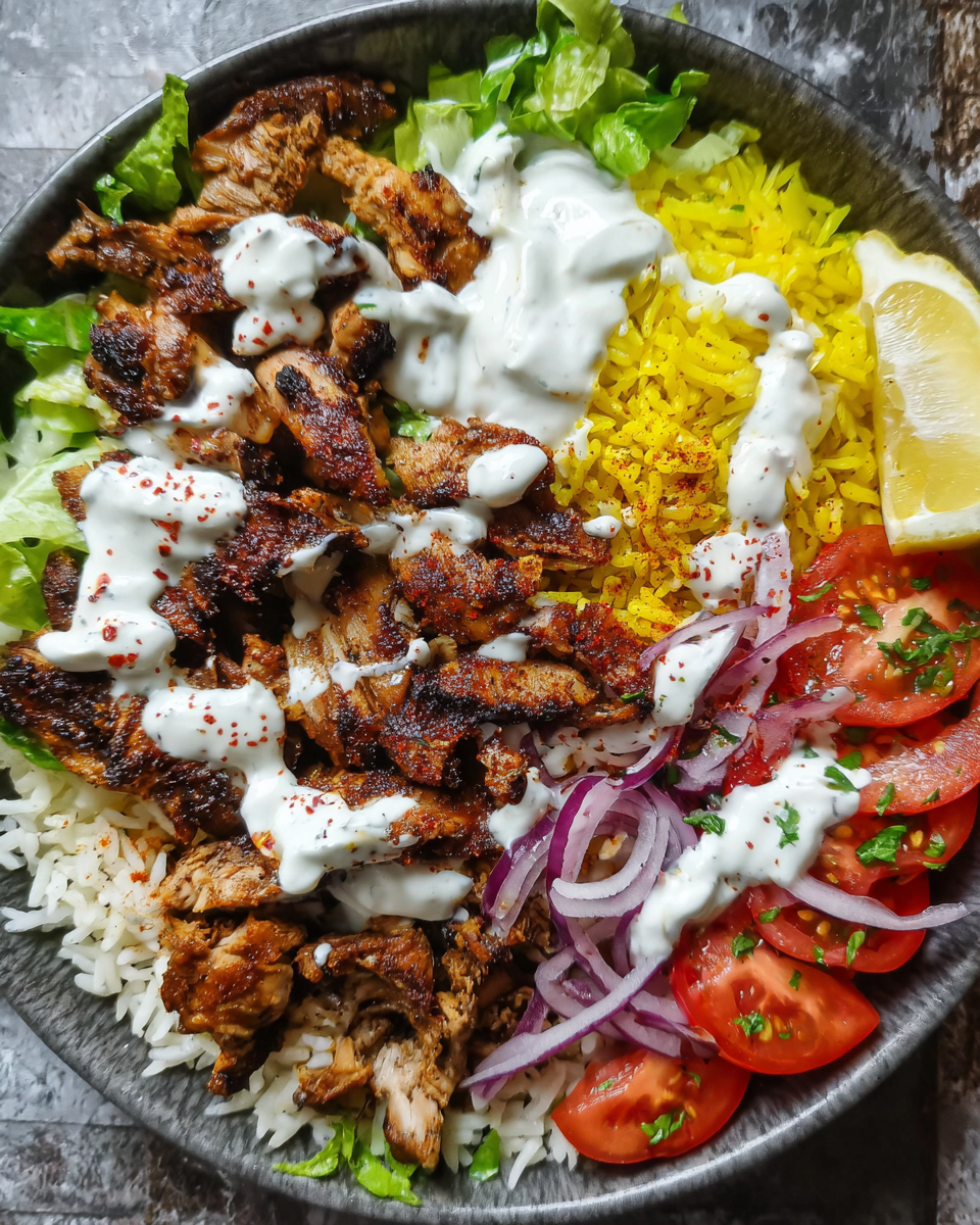 Chicken shawarma bowl served fresh with toppings