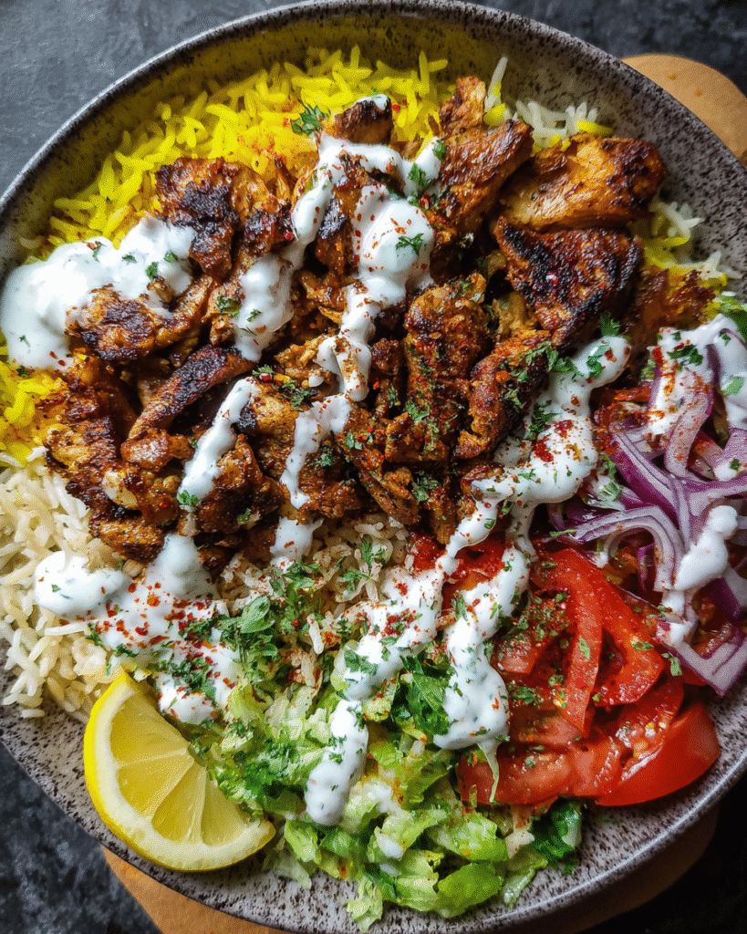 Chicken shawarma bowl served fresh with toppings