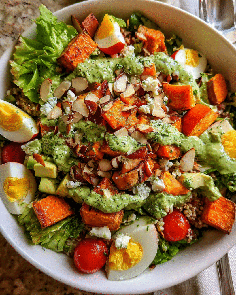 Chopped Green Goddess Salad in bowl with dressing