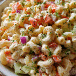 Cold macaroni salad in wooden bowl on picnic table