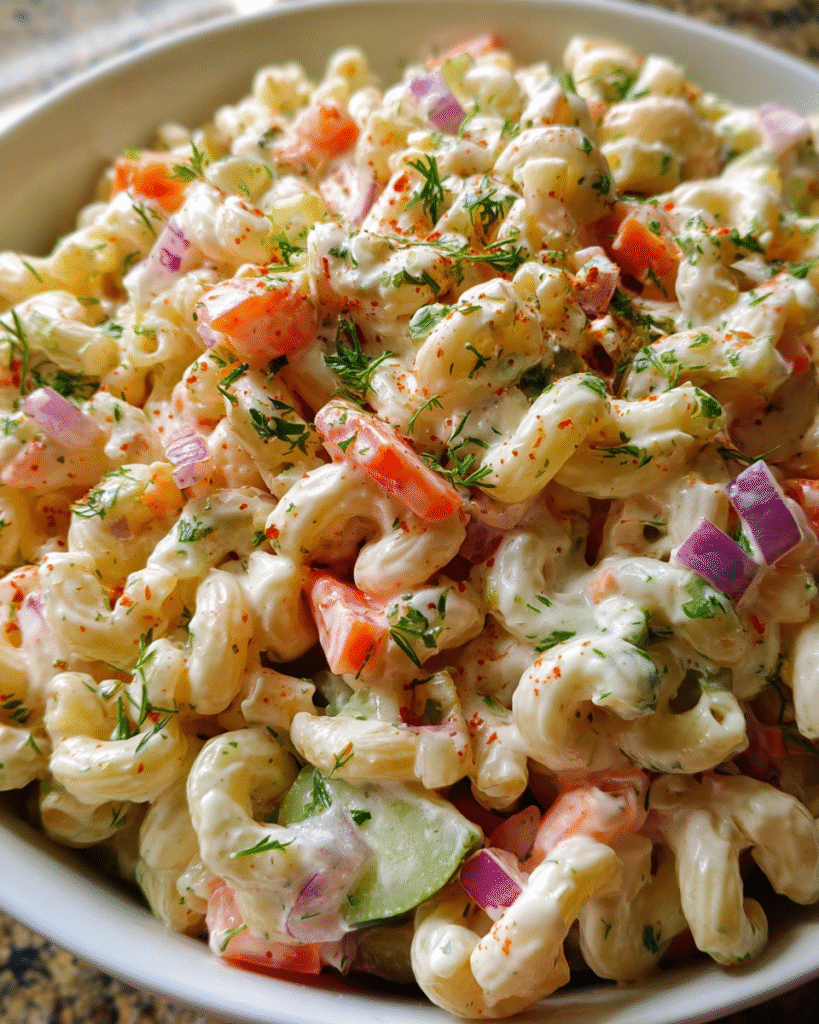 Cold macaroni salad in wooden bowl on picnic table