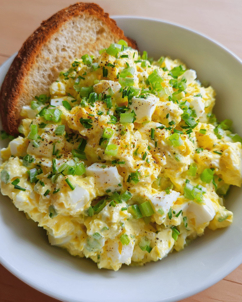Cottage cheese egg salad in rustic bowl