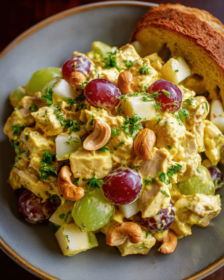 Curried chicken salad in rustic bowl with fresh ingredients