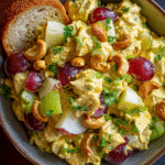 Curried chicken salad in rustic bowl with fresh ingredients