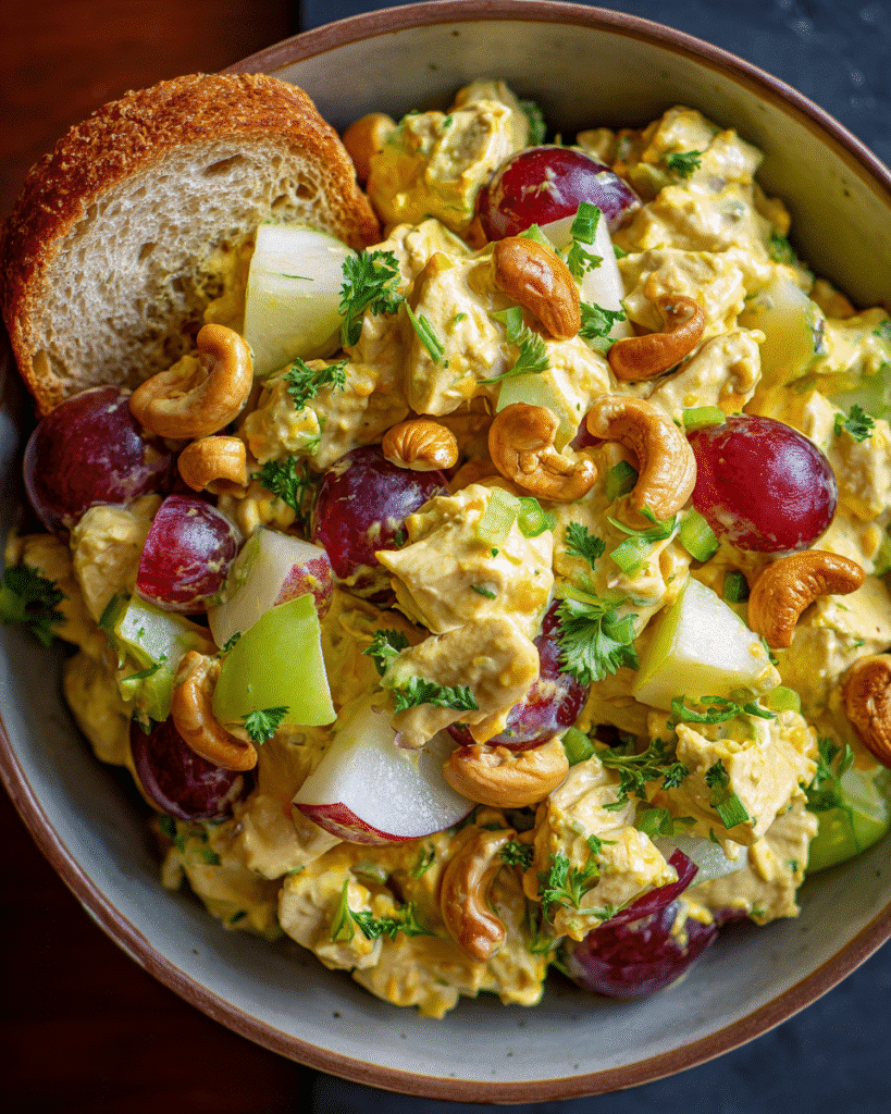 Curried chicken salad in rustic bowl with fresh ingredients