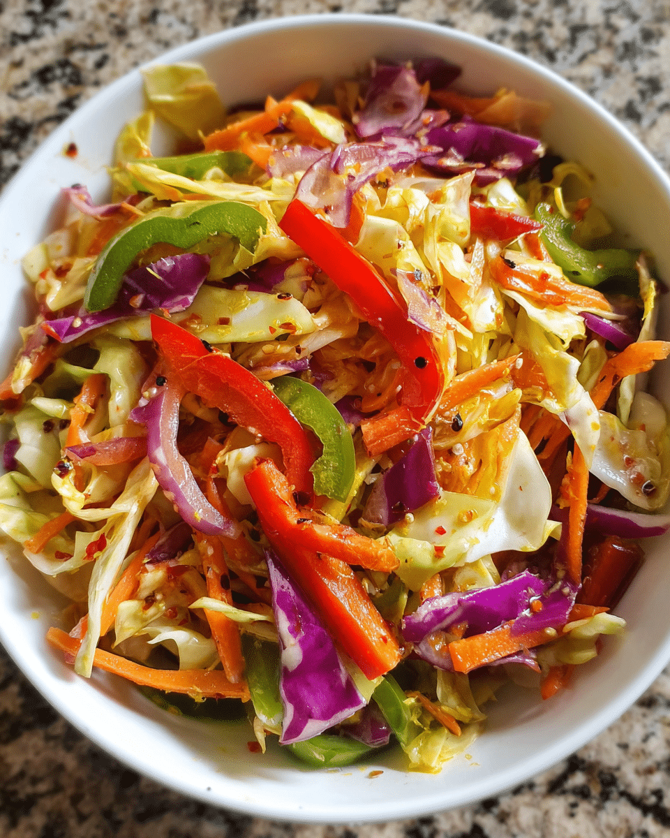 Cabbage Salad with Indian Tadka in a wooden bowl