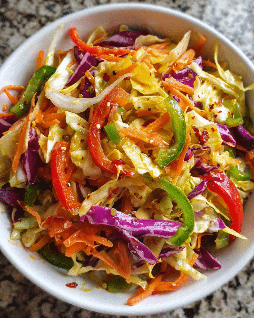 Cabbage Salad with Indian Tadka in a wooden bowl