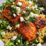 Cajun salmon salad with couscous and greens in white bowl