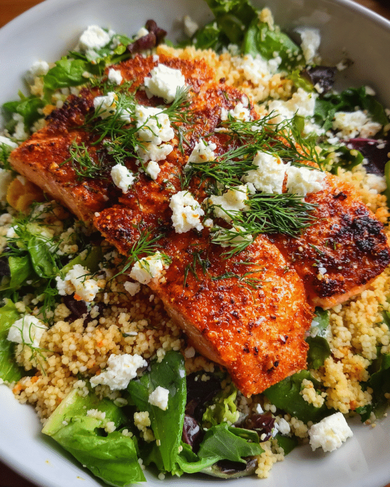 Cajun salmon salad with couscous and greens in white bowl