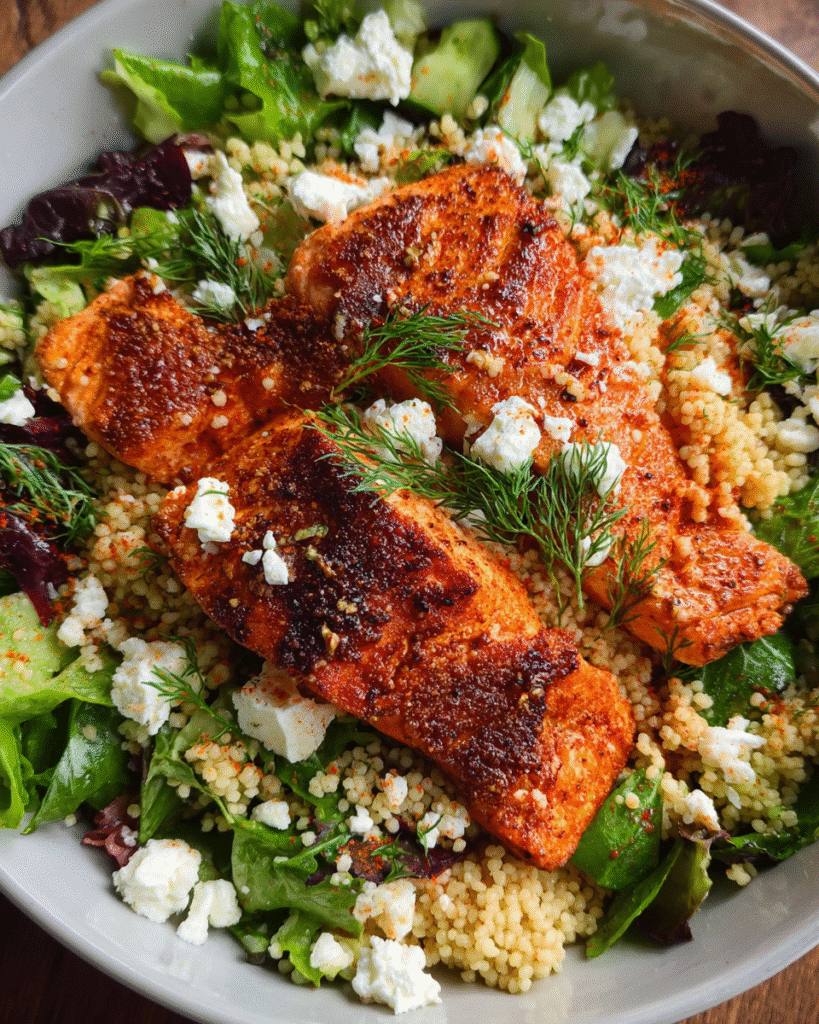 Cajun salmon salad with couscous and greens in white bowl