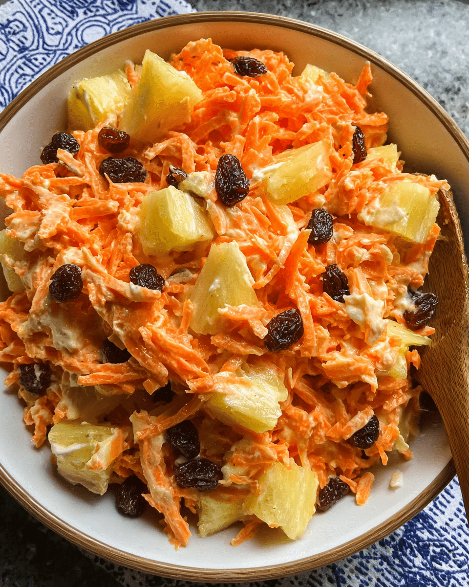 Overhead view of creamy carrot raisin salad in rustic bowl