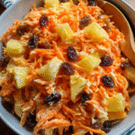 Overhead view of creamy carrot raisin salad in rustic bowl