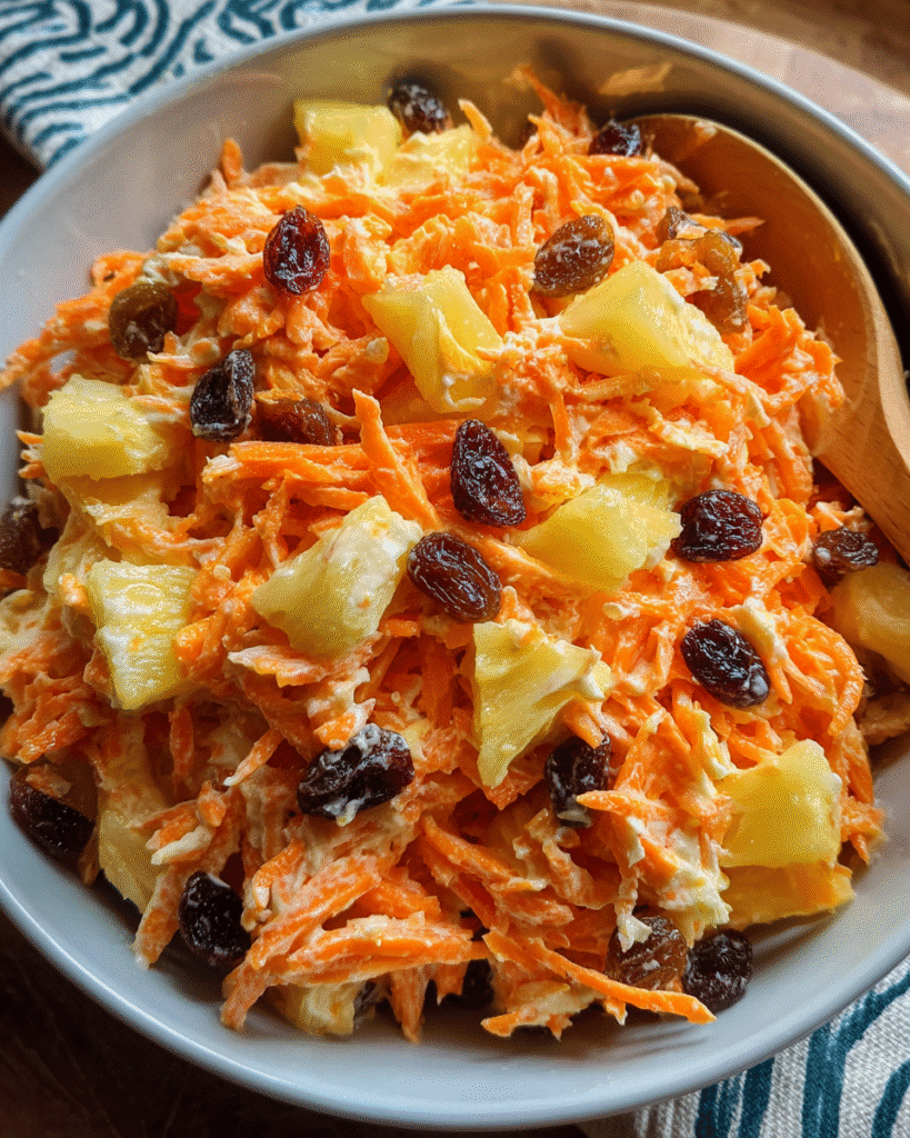 Overhead view of creamy carrot raisin salad in rustic bowl