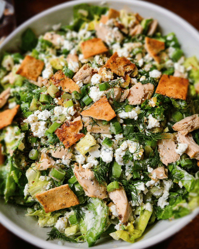 Chopped chicken salad with feta and lemon vinaigrette in bowl