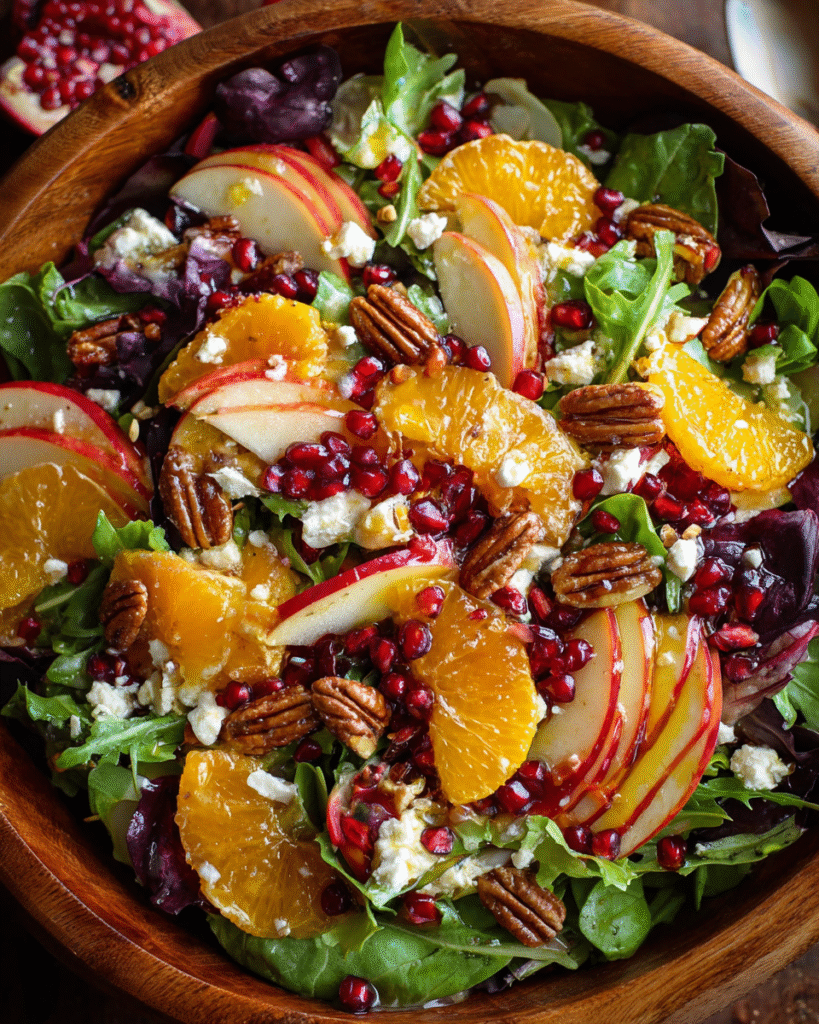 Christmas Salad on holiday table with seasonal toppings