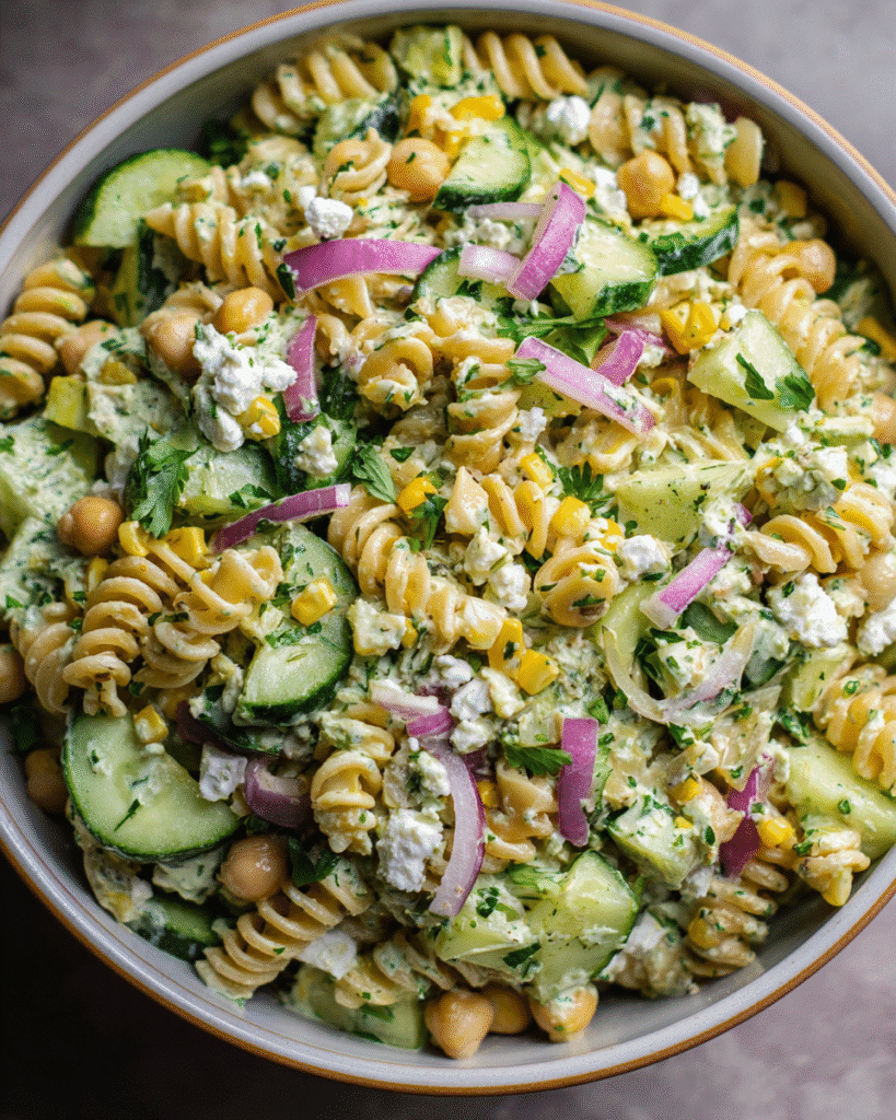 Cilantro lime pasta salad served in rustic bowl with garnish