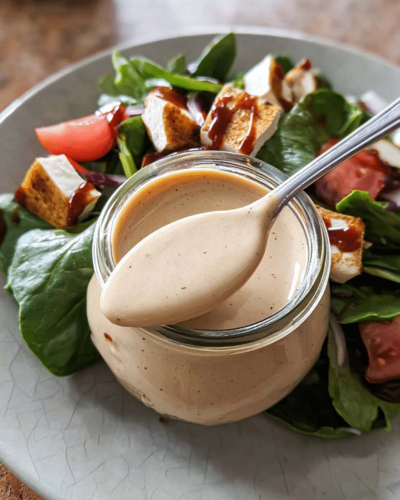Creamy balsamic dressing in a jar with ingredients