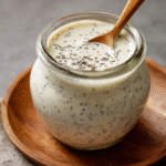 Creamy poppy seed dressing in a jar with salad