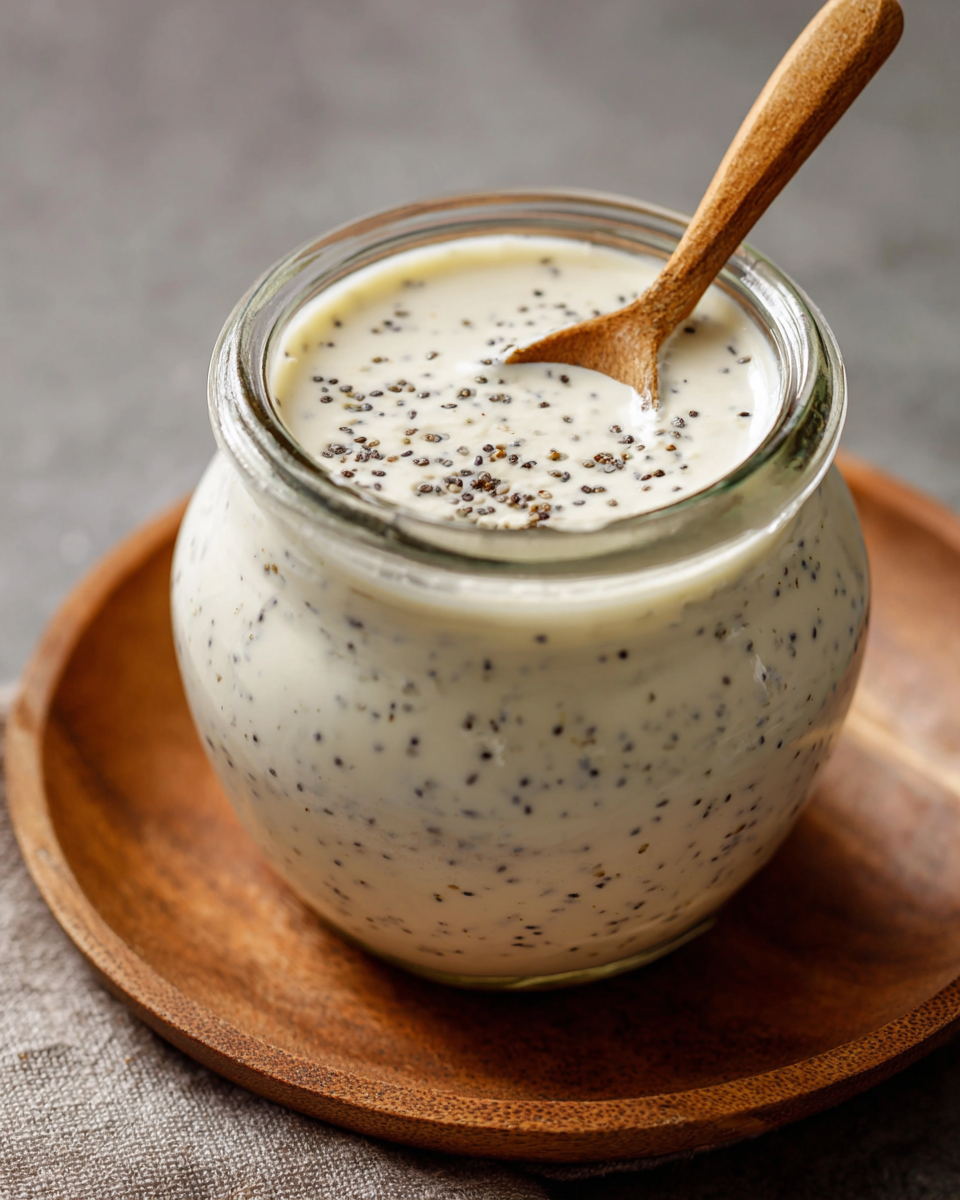 Creamy poppy seed dressing in a jar with salad