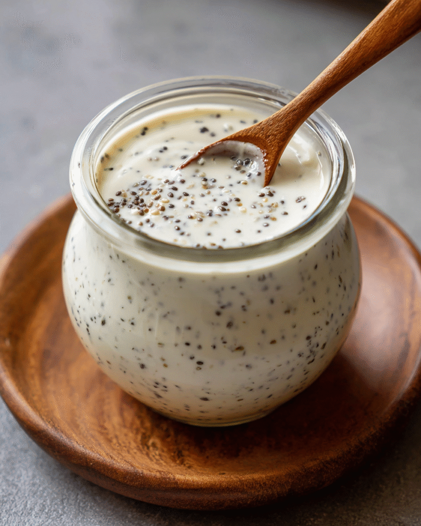 Creamy poppy seed dressing in a jar with salad
