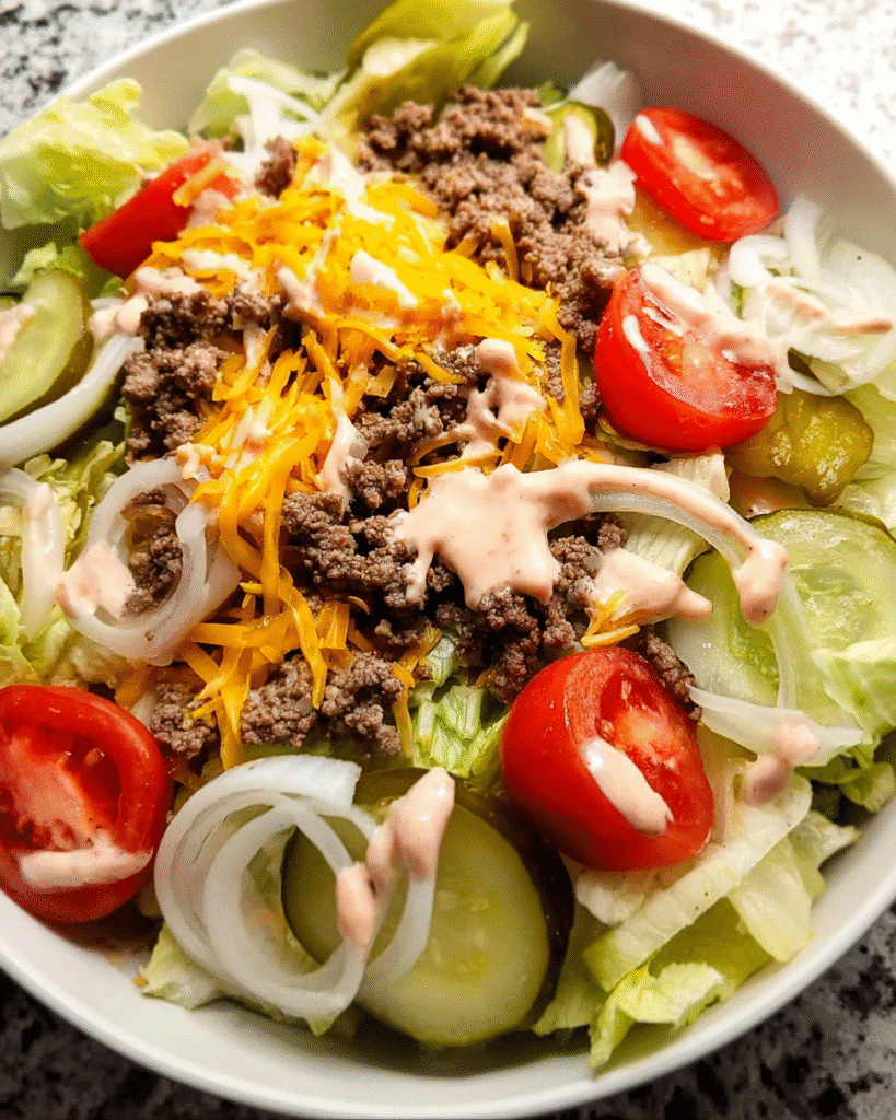 Easy Big Mac Salad with ground beef and pickles