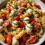 Easy Caprese Pasta Salad served in rustic bowl