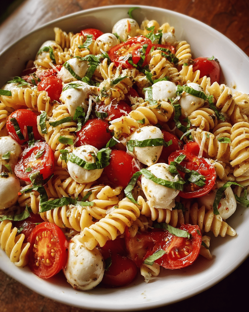 Easy Caprese Pasta Salad served in rustic bowl
