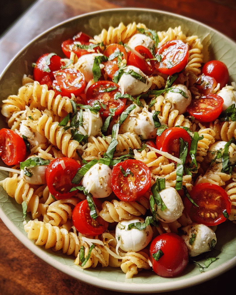 Easy Caprese Pasta Salad served in rustic bowl