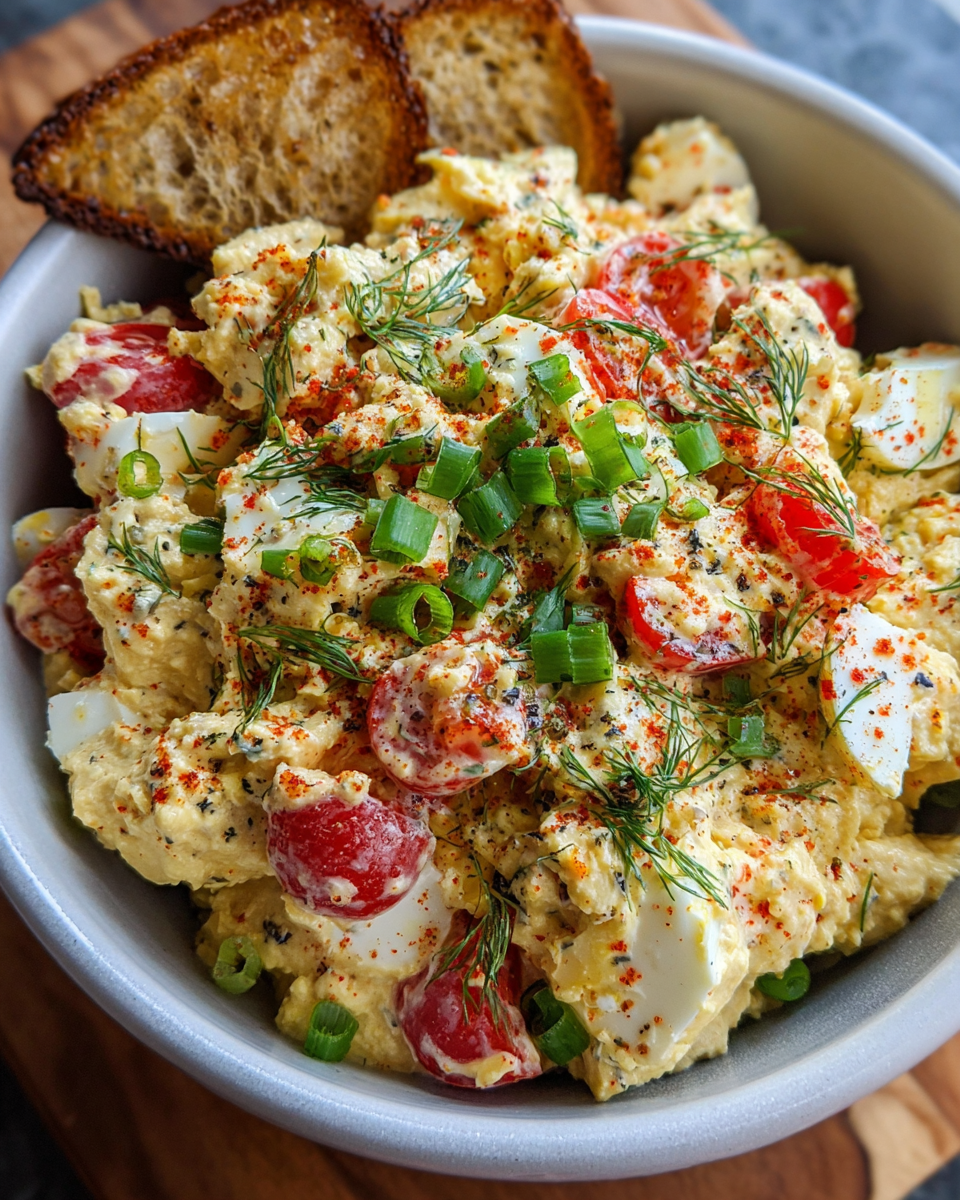 easy hummus egg salad served with pita chips