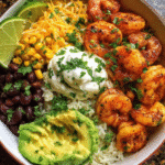 Easy Shrimp Burrito Bowl top view with toppings