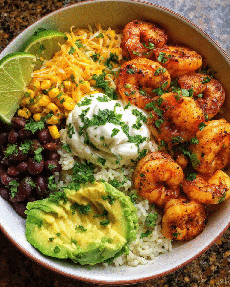 Easy Shrimp Burrito Bowl top view with toppings