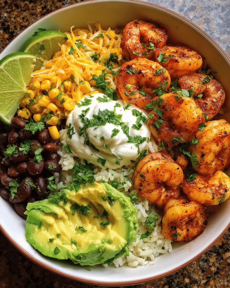 Easy Shrimp Burrito Bowl top view with toppings