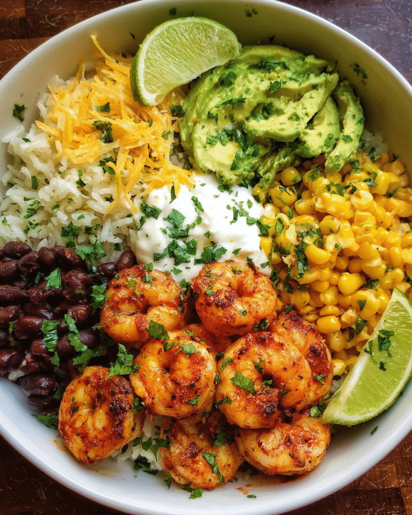 Easy Shrimp Burrito Bowl top view with toppings