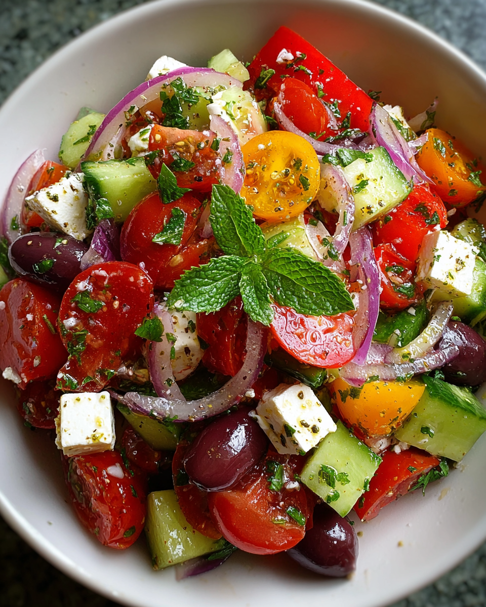 Fresh Mediterranean Greek Salad in rustic bowl